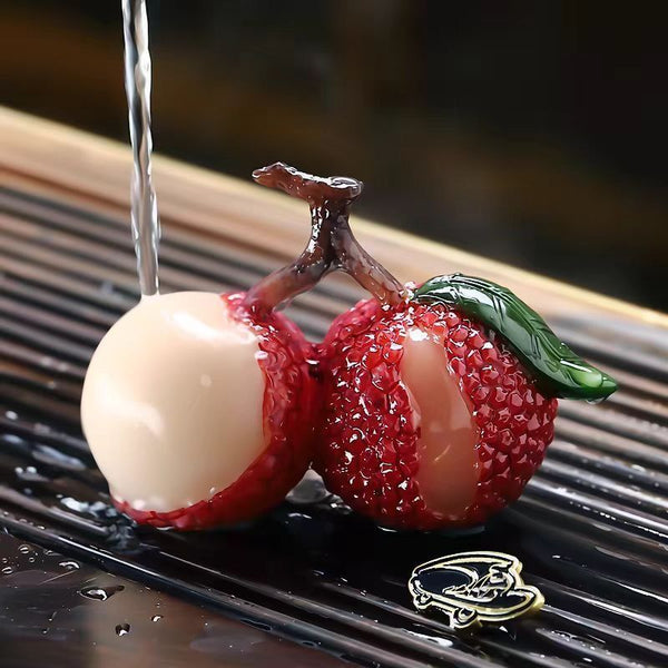 Magical Color-Changing Litchi, Tea Tray Ornament with Natural Leaf