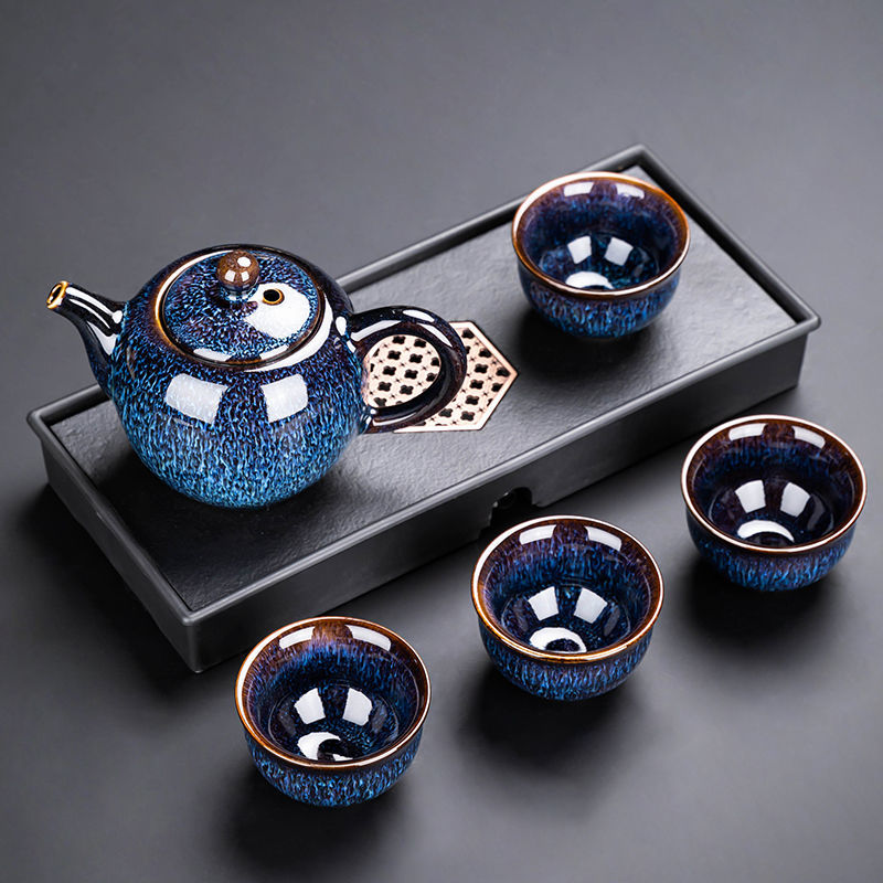 Jun Kiln Rabbit Hair Blue: One Teapot with Four Cups + Magnetic Dry Tea Tray