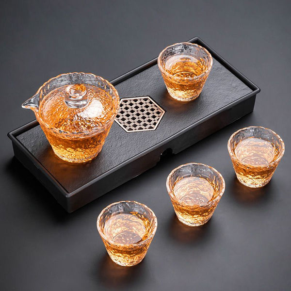 Glass Ice Dew: One Teapot with Four Cups + Magnetic Dry Tea Tray