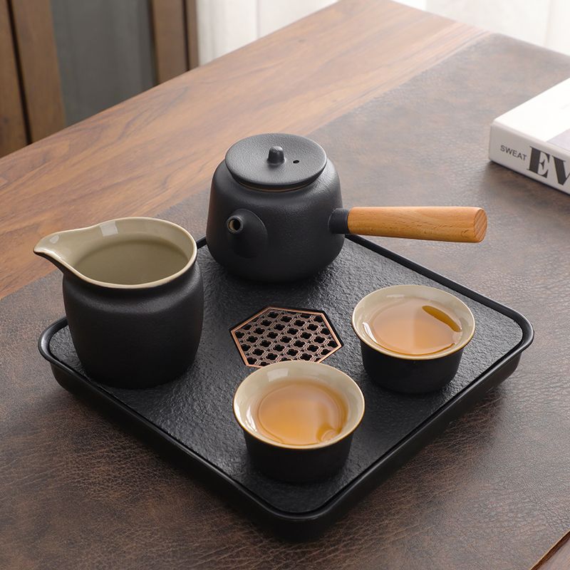 Wood-handled Teapot 245ml + Four Cups + Tea Tray + Fair Cup + Bag